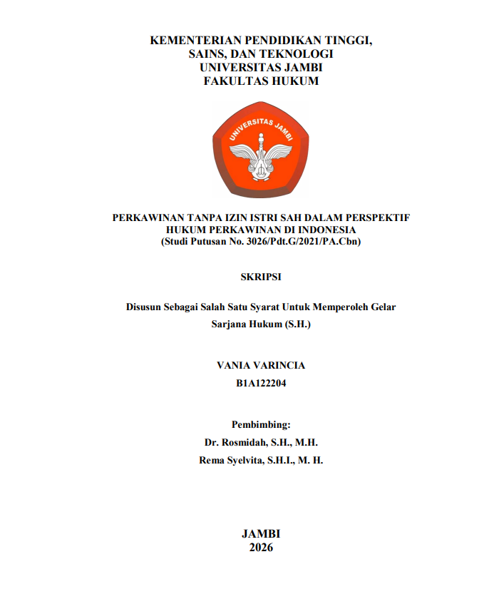 Cover PERKAWINAN TANPA IZIN ISTRI SAH DALAM PERSPEKTIF HUKUM PERKAWINAN DI INDONESIA (Studi Putusan No. 3026/Pdt.G/2021/PA.Cbn)